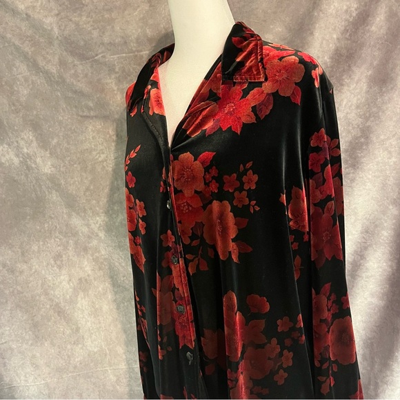 Sag Harbor Floral Velvet Button-Up Shirt Shiny Vintage Retro Party XL - Picture 4 of 16
